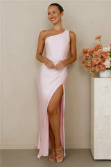 The Aurora One Shoulder Satin Maxi Dress Pink