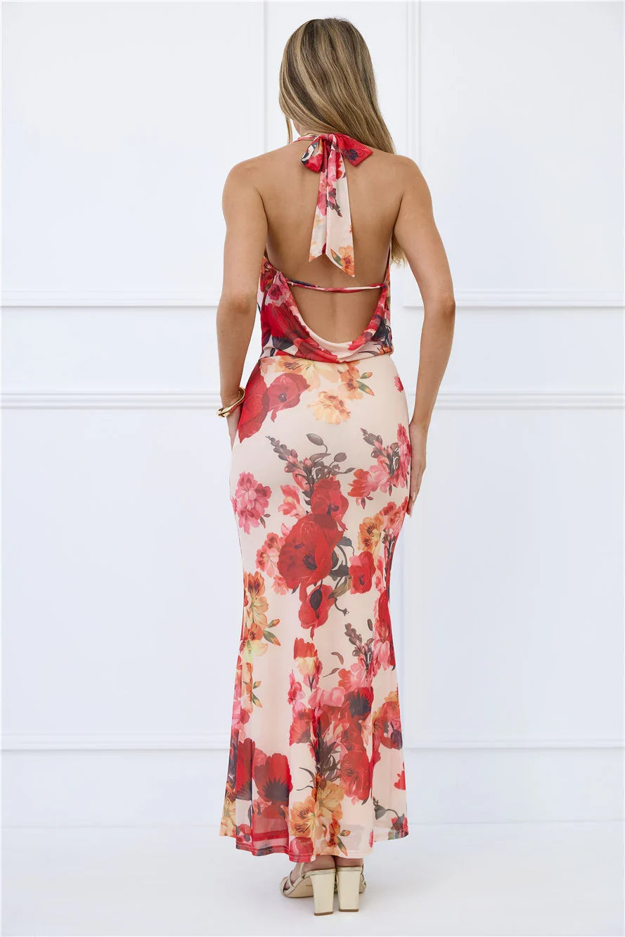 Viral Vibes Mesh Halter Maxi Dress Beige