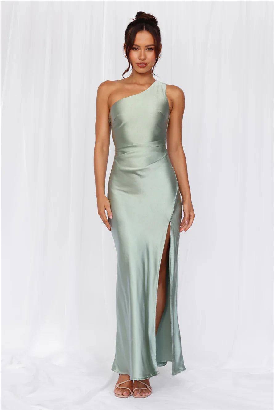 The Aurora One Shoulder Satin Maxi Dress Sage
