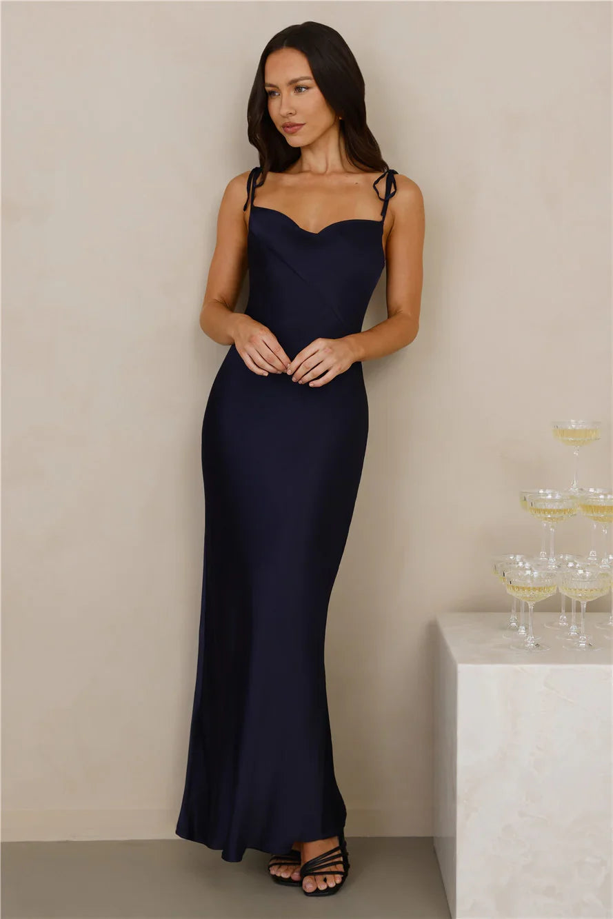 The Penelope Cowl Satin Maxi Dress Navy