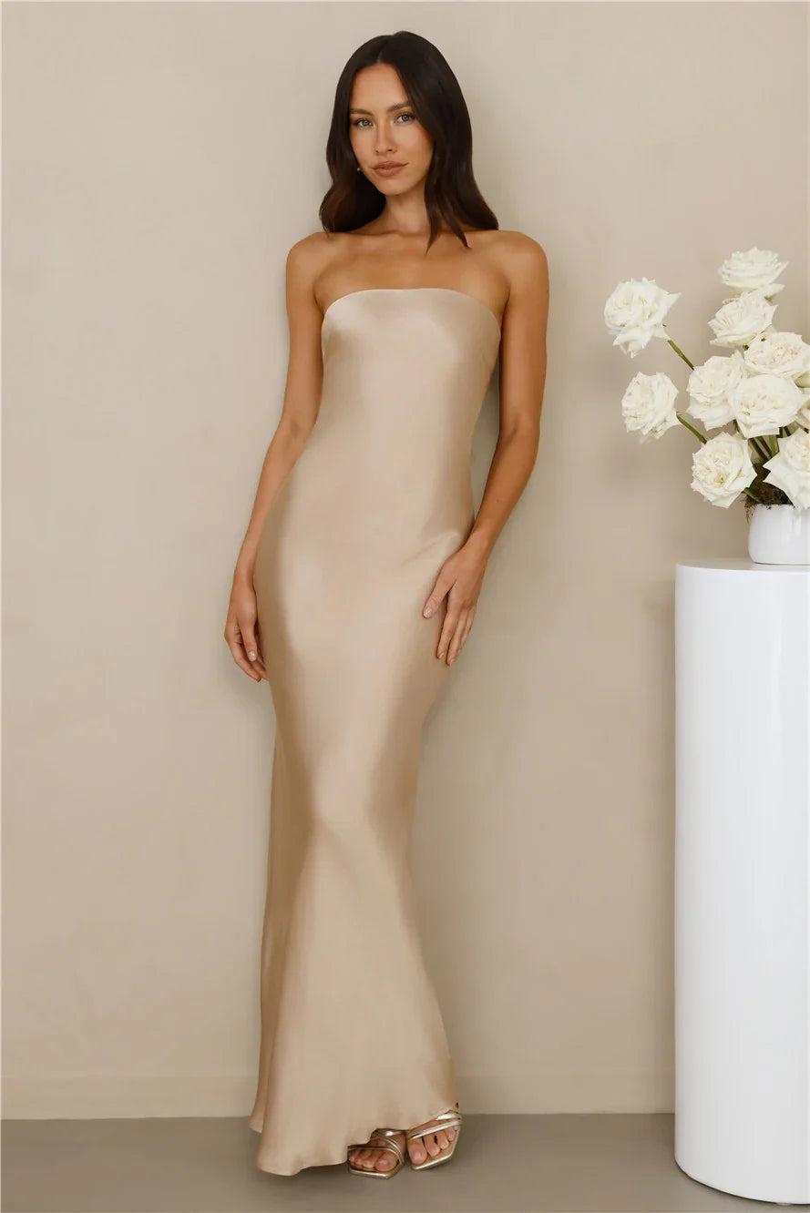 The Felicity Strapless Satin Maxi Dress Champagne