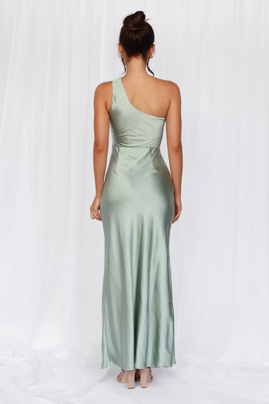 The Aurora One Shoulder Satin Maxi Dress Sage