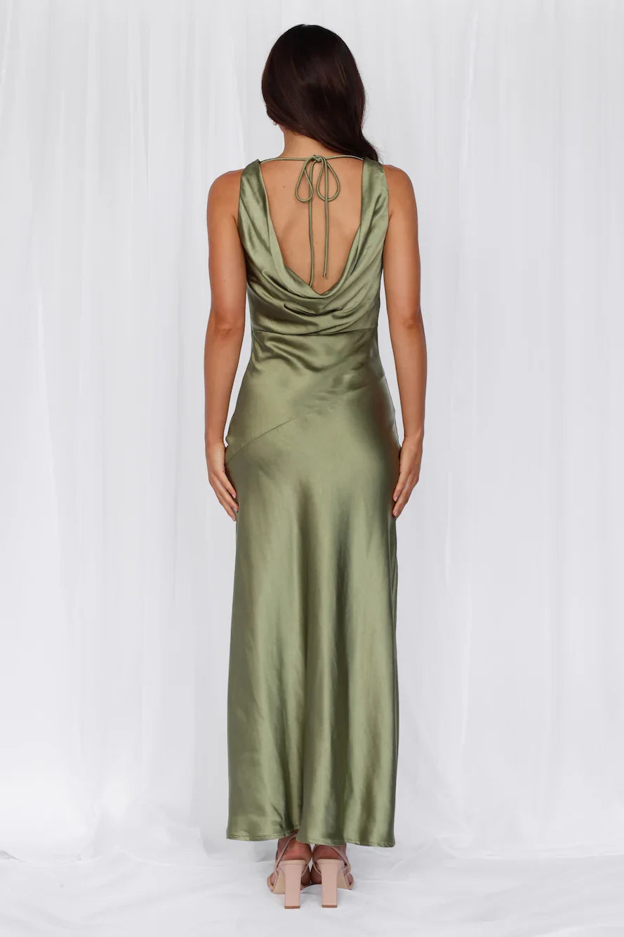 The Loretta Cowl Satin Maxi Dress Olive
