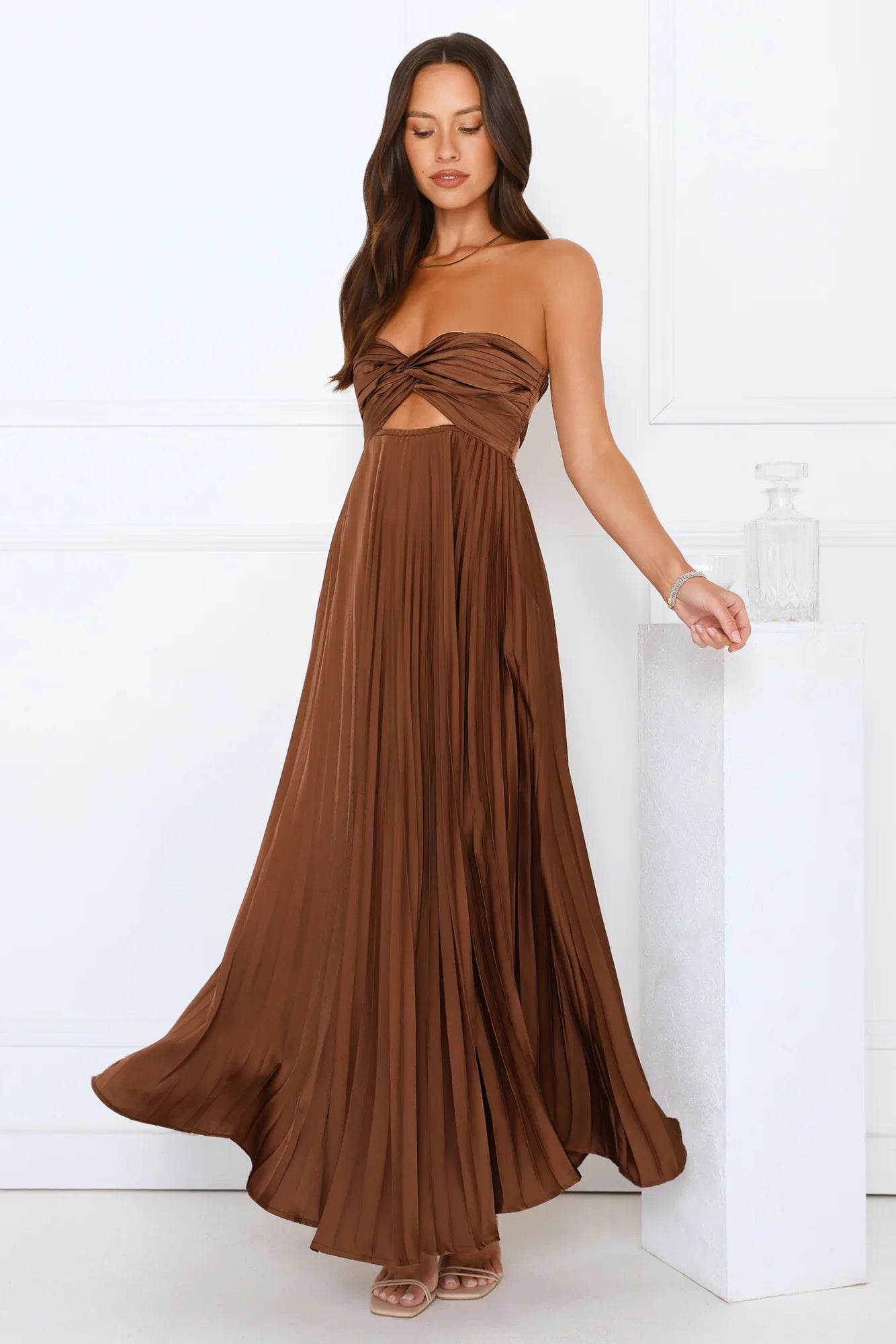 Vibes Are Priceless Strapless Satin Pleated Maxi Dress Brown
