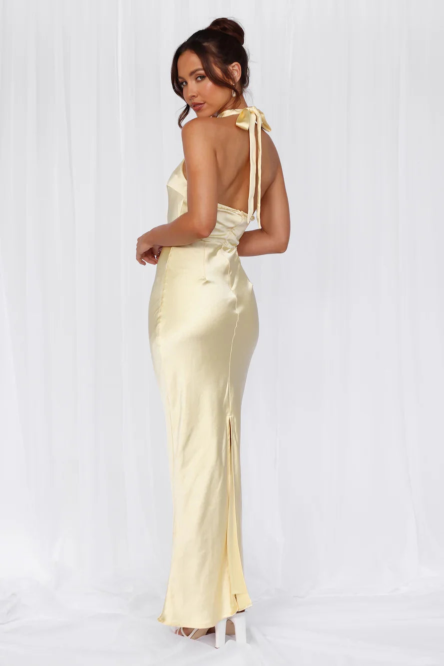The Cleo Halter Satin Maxi Dress Yellow