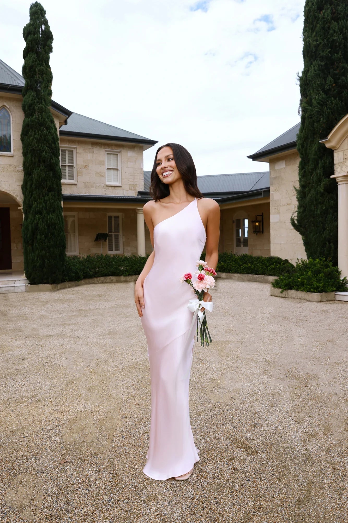 The Evangeline One Shoulder Satin Maxi Dress Pink